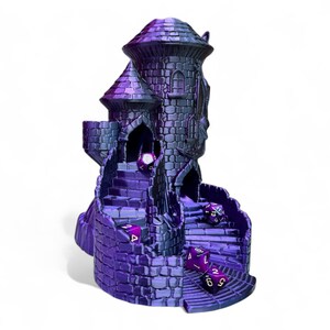 May include: A purple and blue 3D printed castle-shaped dice tower with a winding staircase and multiple dice rolling down the steps.