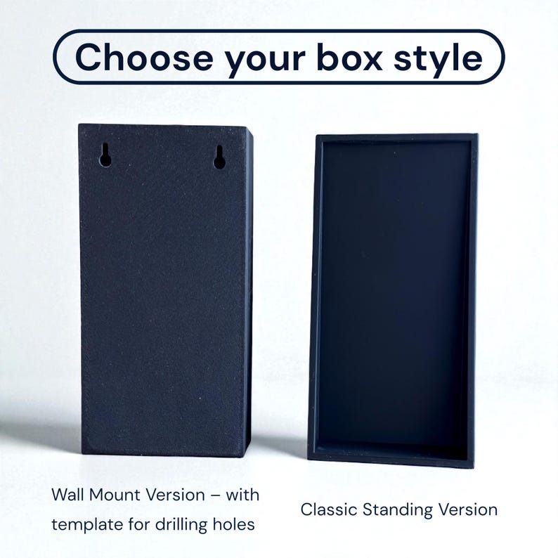 May include: Two black rectangular boxes are displayed against a white background. The text "Choose your box style" is at the top. One box is labeled "Wall Mount Version" and the other is labeled "Classic Standing Version".