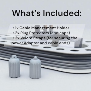 May include: A cable management kit with a white and gray design. The kit includes a cable management holder, plug protectors, and Velcro straps. The text "What's Included:" is at the top of the image.
