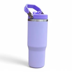 May include: A lavender stainless steel tumbler with a lid and a carrying handle. The tumbler has a matte finish.