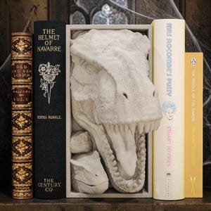 K&ouml;nnte beinhalten: Eine wei&szlig;e Dinosaurierkopfskulptur steht zwischen B&uuml;chern auf einem Holzregal. Die B&uuml;cher tragen Titel wie "The Helmet of Navarre" und "Mrs. Slocombe's Pussy". Die Skulptur hat eine detaillierte Textur und einen offenen Mund.