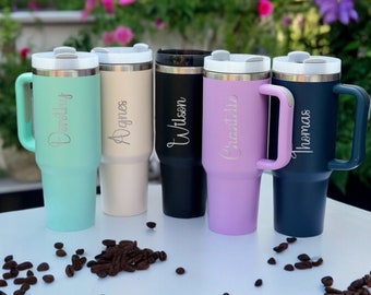 Personalized 40oz Insulated Tumbler: Engraved Travel Mug with Straw