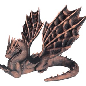 May include: A copper-colored dragon figurine with outstretched wings and a curled tail. The dragon is in a flying pose with its head turned to the side.
