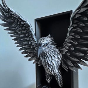 May include: A detailed, grayscale sculpture of an eagle with outstretched wings, emerging from a black rectangular frame. The eagle's feathers are intricately carved, and the sculpture has a textured, metallic appearance.