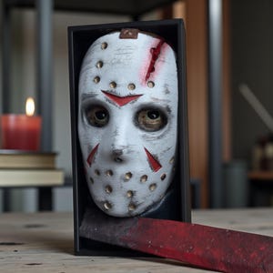 May include: A white hockey mask with red accents and a slash across the forehead, displayed in a black box. A blood-stained machete is visible below the mask. The mask has multiple eye and mouth holes.