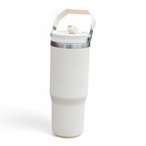 May include: White insulated travel mug with a handle and a straw lid.