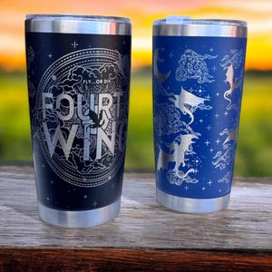A 20 oz tumbler showcasing a design representing the four winds, identified as "fourth wing."
