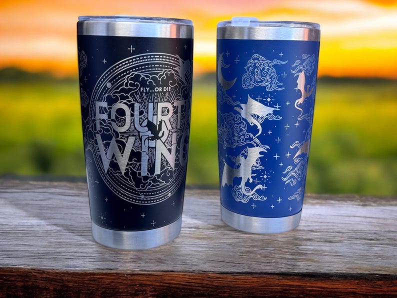 A 20 oz tumbler showcasing a design representing the four winds, identified as "fourth wing."