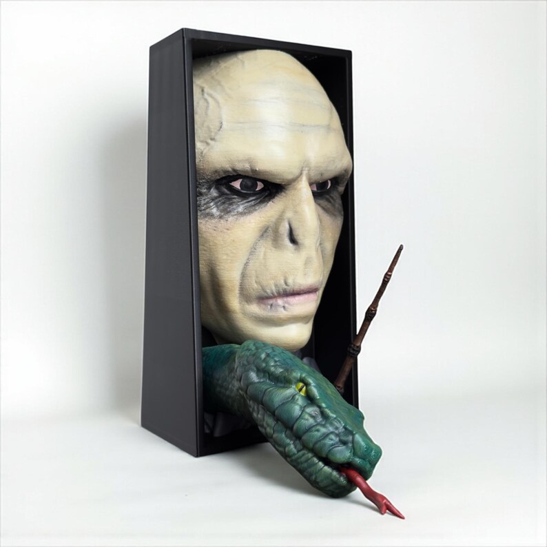 May include: A black rectangular box featuring a pale-skinned face with a prominent nose and dark eyes. A green snake with a red tongue emerges from the box, and a wand is positioned nearby. The theme is fantasy.
