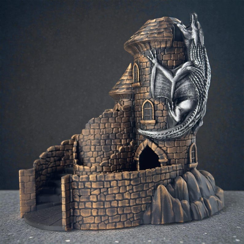 DND Dragon Dice Tower, Hand painted gold, silver. Castle for RPG Dice roll out