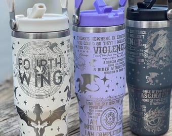Fourth Wing 30oz Engraved Cup with Handle - Bookish Gift for Fantasy Lovers, Dragon Tumbler, Iron Flame Mug, BookTok Merch, Reader Gift