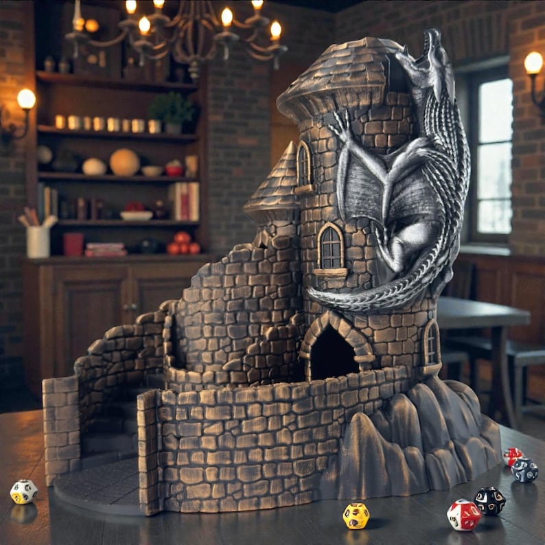 DND Dragon Dice Tower, Hand painted gold, silver. Castle for RPG image 2