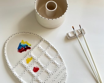 Handmade Ceramic Artist Palette Set – Brush Holder & Water Cup