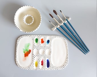 Artist set, Ceramic paint palette, Watercolor palette set, ceramic watercolor palette, brush holder - water cup - paint palette