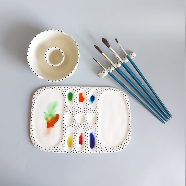 Handmade Ceramic Watercolor Palette Set – Brush Holder & Paint Cup Included