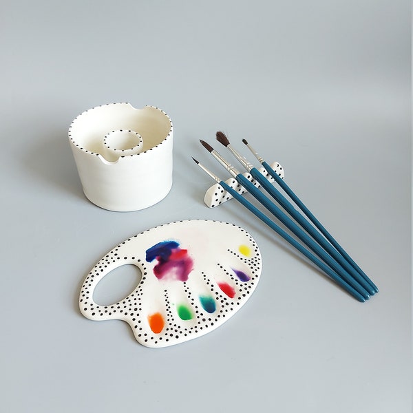 Handmade Ceramic Watercolor Palette Set with Brush Holder & Water Cup