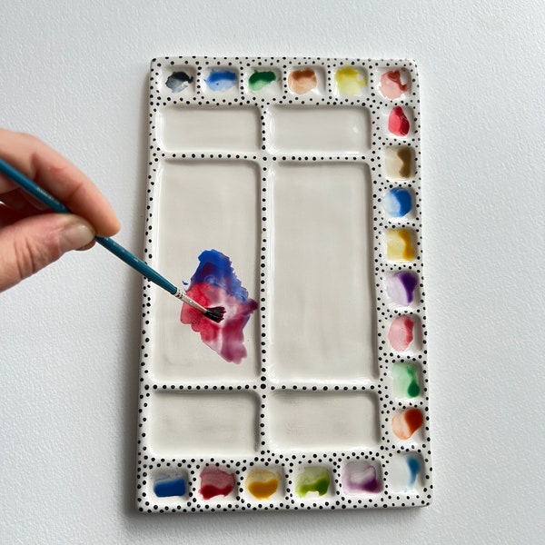 Große handgefertigte Keramik Aquarell Palette-Polka Dot Design-20 Farbe Vertiefungen, 6 Misch Vertiefungen