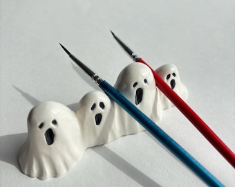 Handmade Ceramic Ghost Paintbrush Holder, Spooky Halloween Art Studio Decor