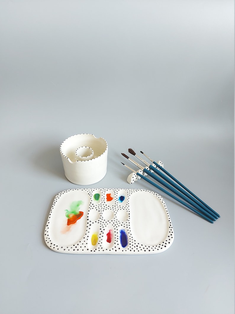 Artist set, Ceramic paint palette, Watercolor palette set, ceramic watercolor palette, brush holder water cup paint palette image 3