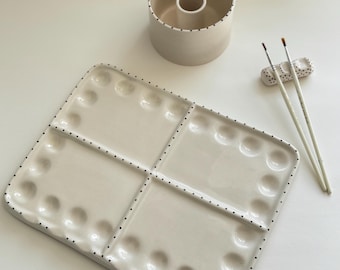 Handmade Ceramic Artist Palette Set – 24-Well, Brush Rests, Water Cup