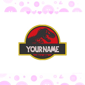 May include: Embroidered patch featuring a black dinosaur skeleton silhouette on a red background, with a yellow border. The patch includes the text "YOUR NAME" in white letters on a black banner.