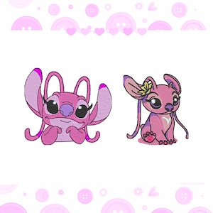 May include: Two pink Stitch characters from the Disney movie Lilo & Stitch. The character on the left is looking at the viewer with her arms crossed. The character on the right is sitting with her legs crossed and has a flower in her hair.