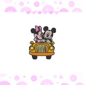May include: Mickey Mouse and Minnie Mouse are driving a yellow car. Mickey is wearing red shorts and Minnie is wearing a pink dress with white polka dots.