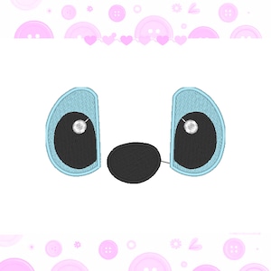 Könnte beinhalten: Ein gesticktes Design mit den Augen und der Nase einer Zeichentrickfigur. Die Augen sind hellblau umrandet und haben schwarze Pupillen und weiße Glanzlichter. Die Nase ist schwarz und oval, durch eine dünne schwarze Linie mit den Augen verbunden. Das Design befindet sich auf weißem Hintergrund.