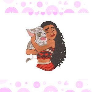 May include: An embroidered design featuring a woman with long black hair hugging a pig. The woman wears a red and black patterned top and a red skirt. The pig is white and gray with a pink snout. The design is set against a white background.