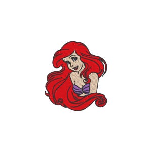 May include: Embroidered patch featuring a cartoon image of a mermaid with long, flowing red hair and a purple seashell bra. The mermaid has a fair complexion and is smiling. The patch is likely for clothing or accessories.
