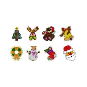 Pode incluir: Uma coleção de patches bordados com tema natalino. Inclui uma árvore de Natal, rena, urso com bengala doce, sino, guirlanda, boneco de neve, meia e Papai Noel. Cada patch apresenta cores vibrantes e costuras detalhadas.