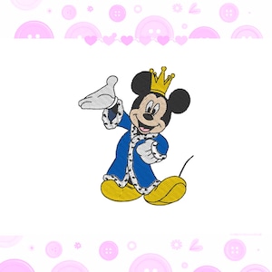 May include: Embroidered image of Mickey Mouse in a royal blue robe with a gold crown. The cartoon character is wearing yellow shoes and white gloves, with a smiling expression. The image is set against a white background.