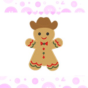 May include: A gingerbread man wearing a brown cowboy hat and a red bow tie. The gingerbread man has a smiling face, red and green accents, and three green buttons down the front. The design is embroidered.