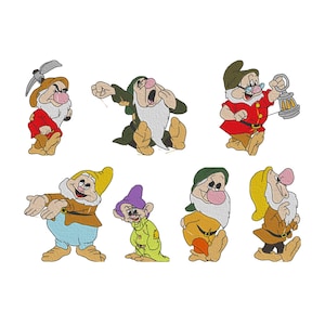 May include: Seven embroidered cartoon dwarfs from the Disney film Snow White and the Seven Dwarfs. The dwarfs are wearing different coloured clothing and have different facial expressions.