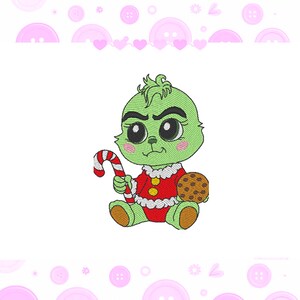 Diseño de bordado Monstruo bebé verde navideño