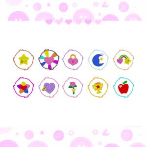 May include: A collection of ten colorful embroidered patches featuring various designs. The patches include a star with a tongue sticking out, a heart with colorful rays, a heart-shaped lock, a crescent moon with a star, and a rainbow with a star.