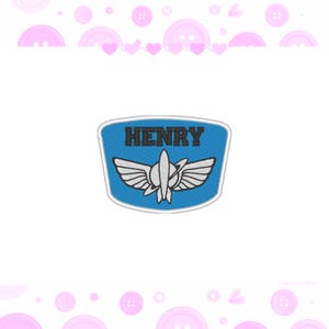 May include: Embroidered patch with the name "HENRY" in black block letters above a stylized silver and white emblem of a rocket with wings on a blue background. The patch has a white border.