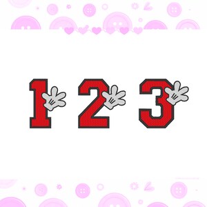 May include: Red numbers 1, 2, and 3 with black outlines, each with a cartoon hand wearing white gloves. The numbers are in a varsity style font. The background is white with pink decorative elements.