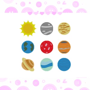 May include: Nine embroidered patches featuring celestial bodies, including the sun, Earth, and other planets. The patches are in various colors, such as yellow, blue, red, and brown, and are arranged in a grid pattern.