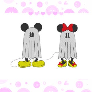 May include: Two cartoon ghost figures, one with a red bow, and the other with black ears and yellow shoes. The ghosts have a gray sheet-like body with black eyes and a mouth. The background is white with pink accents.