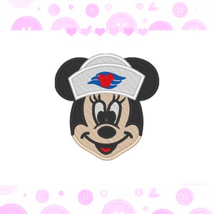 May include: Embroidered image of a cartoon mouse wearing a white sailor hat with a red heart and blue design. The mouse has black ears, a beige face, and a red smile. The image is set against a white background with pink accents.