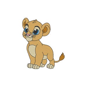 May include: A cartoon illustration of a lion cub with tan fur, large blue eyes, and a pink nose. The cub is in a sitting position, with its tail curled up. The image has a white background.