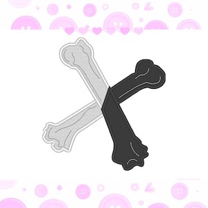Pode incluir: Design bordado com dois ossos cruzados, um cinza claro e outro preto. Os ossos são detalhados com linhas curvas, sobre um fundo branco com elementos decorativos rosa.