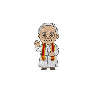 Puede incluir: Una representación de dibujos animados de una figura religiosa, vestida con una túnica blanca, una estola roja y dorada y un sombrero blanco. La figura sonríe y saluda, con gafas redondas y una expresión amigable. La imagen está sobre un fondo blanco.