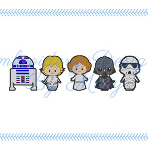 May include: Five cartoon characters from Star Wars: R2-D2, Luke Skywalker, Princess Leia, Darth Vader, and a Stormtrooper. The characters are all in a row and are facing forward. They are all wearing their iconic costumes.
