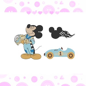 Borduurontwerppakket Mickey Car Rancing Geïnspireerd - 3 Ontwerpen