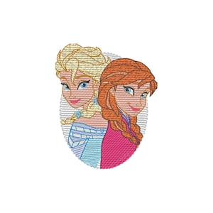 Pode incluir: Design bordado com duas personagens de desenhos animados com cabelo loiro e ruivo, olhos azuis e rostos sorridentes. As personagens estão sobre um fundo oval cinzento. Uma usa um vestido azul, a outra um vestido rosa.