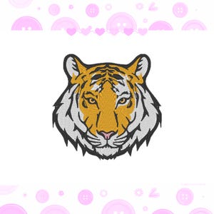 May include: Embroidered tiger head patch with orange, black, white, and yellow details. The tiger's face is centered, showcasing its eyes, nose, and stripes. The design is suitable for apparel, bags, or other craft projects.