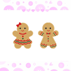 May include: Two embroidered gingerbread people. One has a red bow, a red and green scalloped skirt, and a red heart. The other has a red bow tie and red and green accents on the arms and legs. Both have smiling faces.