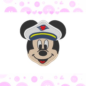 May include: Embroidered image of a cartoon mouse wearing a white captain's hat with a red heart and blue and yellow accents. The mouse has black ears, a tan face, and a smiling red mouth. The image is set against a white background.